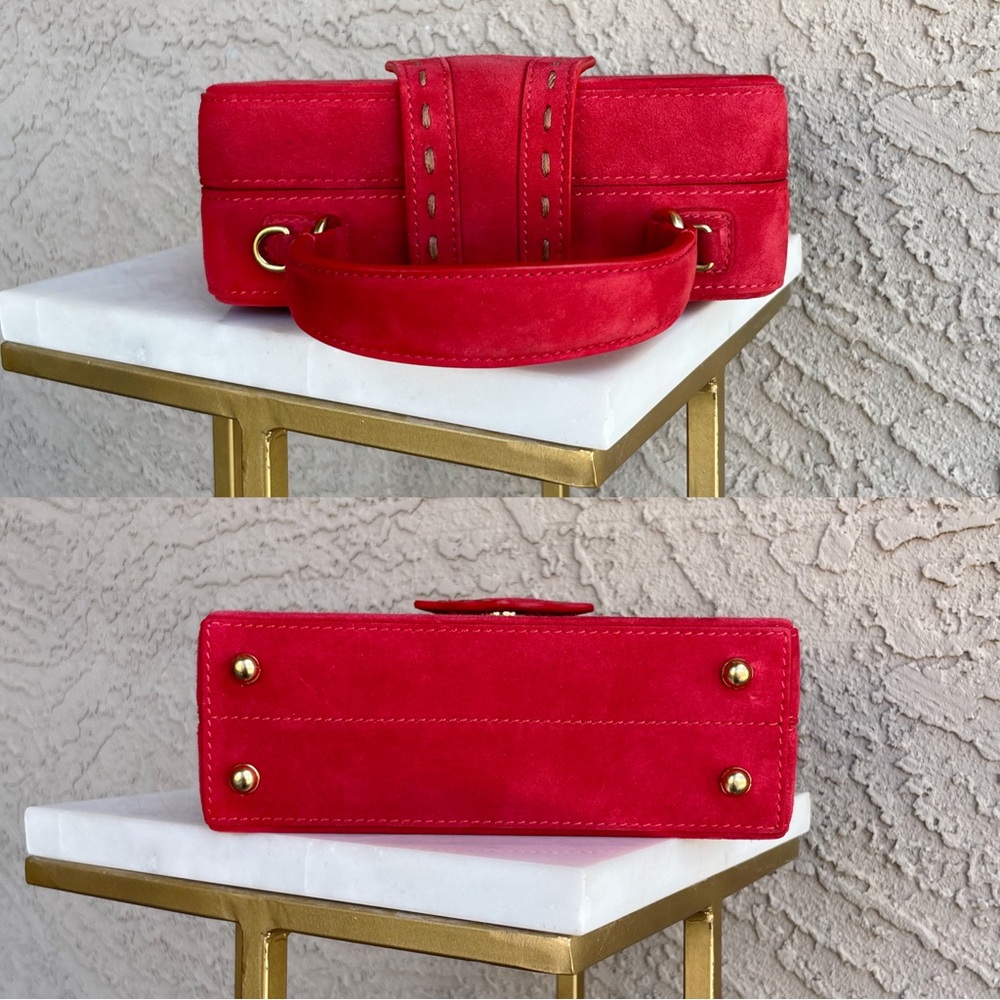 MEHRY MU Red Suede Fey Box Bag Classic Stitched Top Handle Crossbody Bag - Picture 6 of 15
